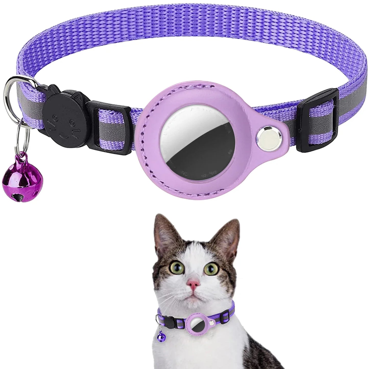 Cat AirTag Holder Collar Breakaway Reflective Strips Adjustable Kitten Collar Waterproof Cat Bell Collar Pet Air Tag Case - Puff & Fluff