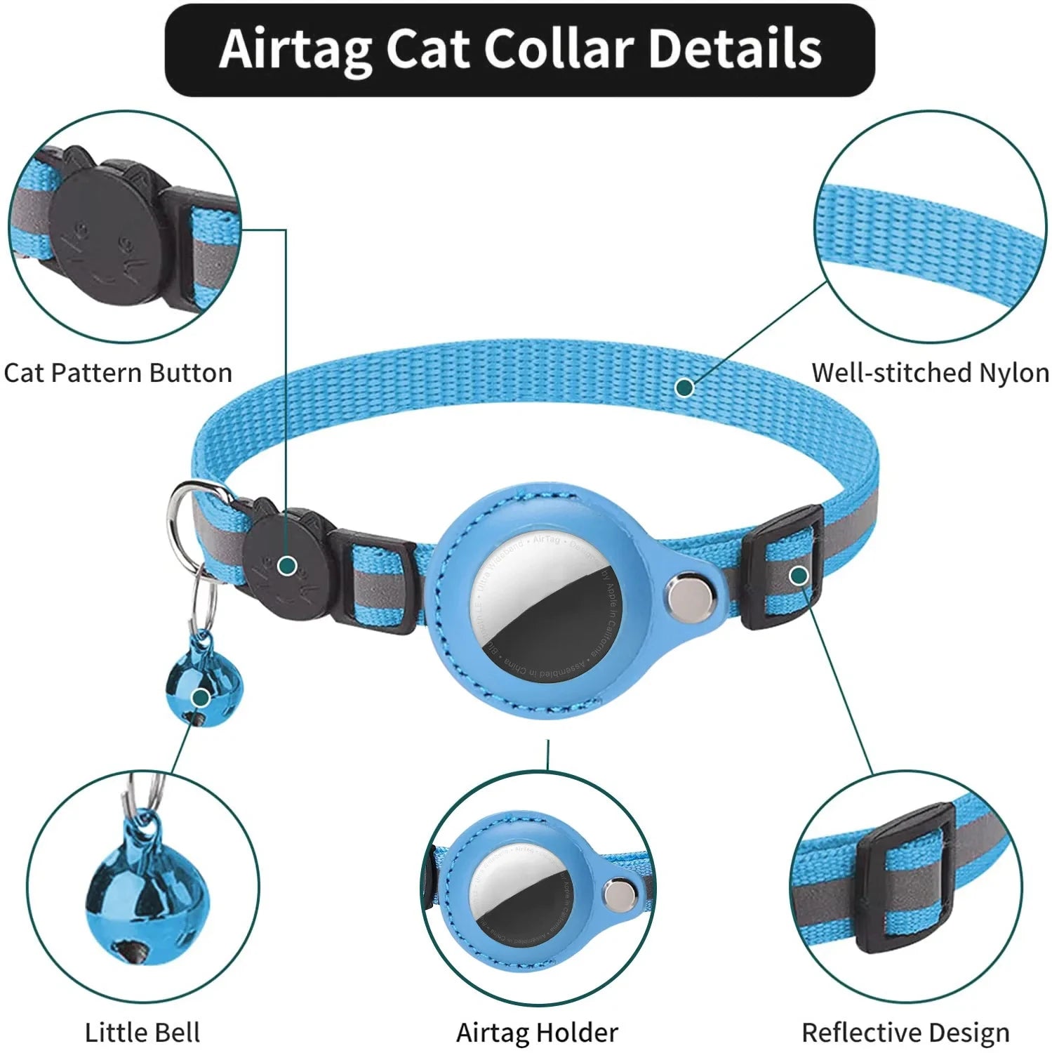 Cat AirTag Holder Collar Breakaway Reflective Strips Adjustable Kitten Collar Waterproof Cat Bell Collar Pet Air Tag Case - Puff & Fluff