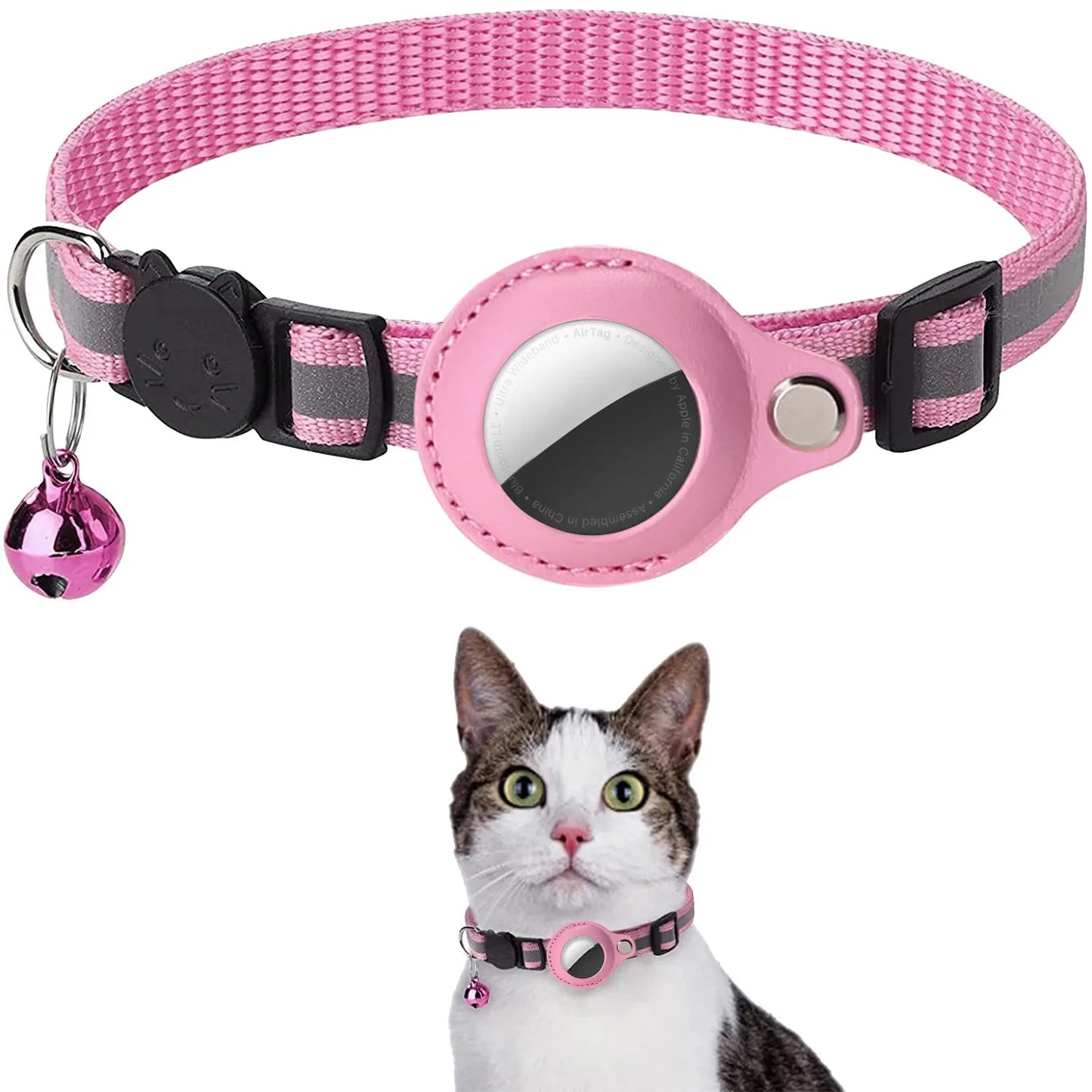 Cat AirTag Holder Collar Breakaway Reflective Strips Adjustable Kitten Collar Waterproof Cat Bell Collar Pet Air Tag Case - Puff & Fluff