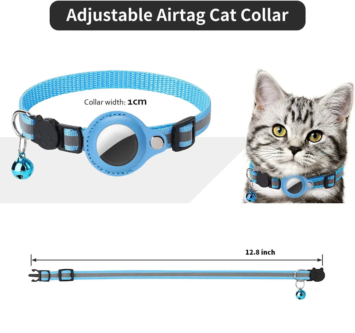 Cat AirTag Holder Collar Breakaway Reflective Strips Adjustable Kitten Collar Waterproof Cat Bell Collar Pet Air Tag Case - Puff & Fluff